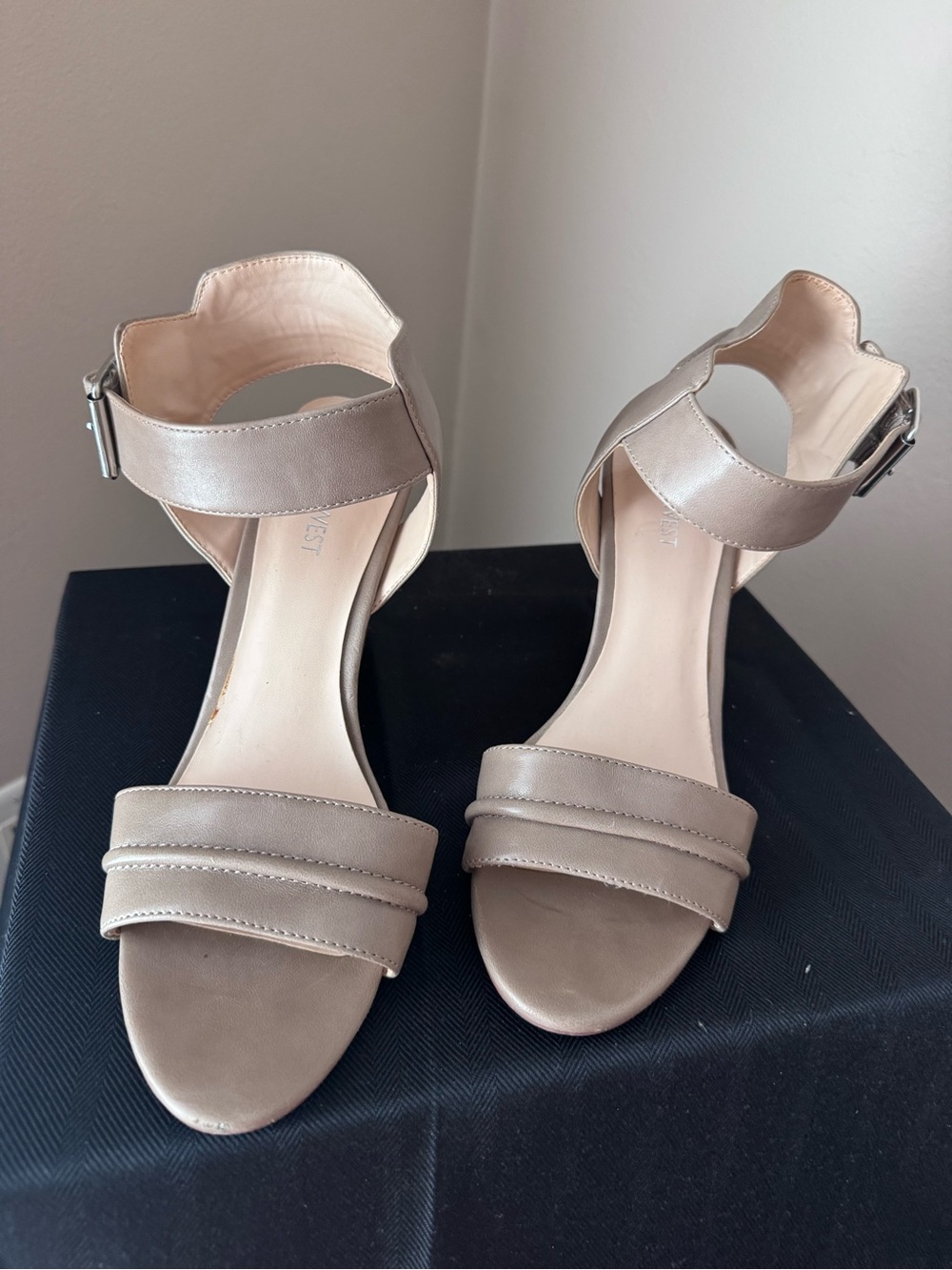 Nine West Taupe Ankle-Strap Block Heel Sandals